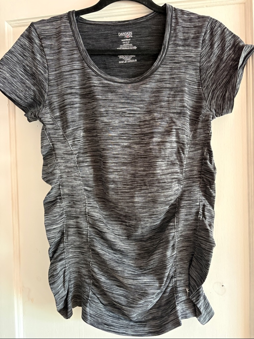 Danskin Black and Gray Space-Dye Ruched Short Sleeve Top
